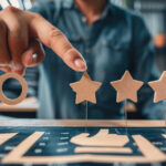 Ein Mann zeigt mit dem Finger auf eine Sterne die eine Bewertung stilisieren.